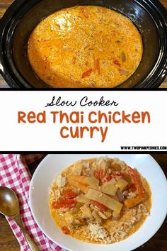 slow cooker red thai chicken curry in a bowl with rice and spoons next to it