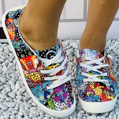 Women's Colorful Cartoon Leopard Print Slip-On Canvas Shoes: Comfy and Casual Flat Heel Canvas Shoes, Casual Cotton Canvas Shoes With Flat Heel, Spring Canvas Shoes With Rubber Sole And Flat Bottom, Summer Fabric Sneakers With Vulcanized Sole, Spring Canvas Shoes With Flat Heel, Summer Lace-up Canvas Shoes, Comfortable Fabric Canvas Shoes With Vulcanized Sole, Trendy Summer Canvas Slip-on Sneakers, Non-slip Low-top Canvas Shoes For Summer