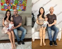 a couple sitting on a couch with their baby in front of them and the same photo