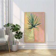 a living room with a chair, plant and painting on the wall in front of it