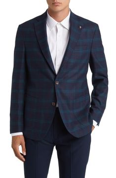 Handsome plaid elevates an unstructured modern sport coat crafted from a stretch-kissed wool. 29 1/2" length (size 40R) Notched lapels Partially lined 97% wool, 3% elastane Dry clean Made in Canada Tailored Plaid Wool Sport Coat, Wool Plaid Blazer With Hidden Button Closure, Plaid Wool Sport Coat With Suit Collar, Fitted Plaid Wool Sport Coat, Plaid Wool Sport Coat, Semi-formal Plaid Wool Blazer, Tailored Plaid Sport Coat With Suit Collar, Tailored Plaid Sport Coat With Long Sleeves, Plaid Wool Sport Coat For Work