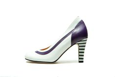 Handmade Purple and white women's high heel leather shoes. Unique as you are, they can be your perfect wedding or party pair. These beautiful and yet very very comfortable high heel pumps are wedding must have. Made from subtitle Italian leather from sole to upper and decorated with stitching are perfect way of making bold statement. The works perfectly with everything. Just simply put them on and they will transform your day to magical place full of colors and smiles. DETAILS: Full Italian leat White Court Shoes With Contrasting Heel Counter, White Round Toe Court Shoes With Deep Heel Cup, White High Heel Court Shoes With Deep Heel Cup, White Court Shoes With 4-inch Heel And Round Toe, White Court Shoes With 4-inch Heel, Multicolor High Heel Wedding Shoes, Purple Leather Heels Medium Width, Blue Wedding Shoes With 4-inch High Heel, Blue High Heel Wedding Shoes With 4-inch Heel