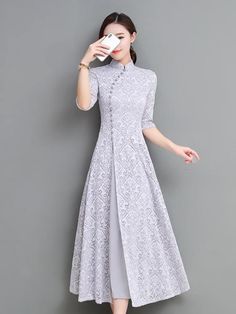 Gray & Coffee Lace A-line Long Cheongsam Ao Dai GRAY-L Qi Pao, Chinese Style Dress, Kurti Designs Party Wear, Cheongsam Dress, Designs For Dresses, Chinese Dress, Cheongsam, Kurti Designs, Stylish Dresses