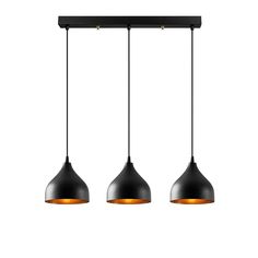 three lights that are hanging from the ceiling above them, with one light on each side and