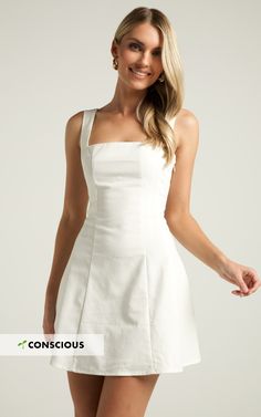 Get ready to turn heads in the Adiana Mini Dress - Square Neck Shirred Back A Line In Off White. This stunning white dress is perfect for any occasion, whether it's a casual day out or a special event. The square neck adds a modern and chic touch, while the shirred back provides comfort and support. Made from 100% cotton, this mini dress is lightweight and breathable, keeping you cool all day long. With its sleeveless design and flattering A-line silhouette, the Adiana Mini Dress will become you High Neck White Dress Short, Square Neck Short Dress, White Square Neck Dress, Basic White Dress, Square Neck Mini Dress, Short White Dress Graduation, High Neck White Dress, White Mini Dress Graduation, Basic Mini Dress