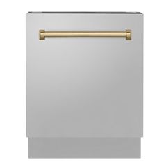 a white dishwasher with gold handles