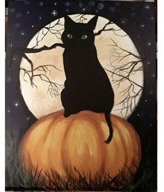 a painting of a black cat sitting on top of a pumpkin in front of a full moon