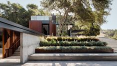 an outdoor area with stairs and plants on the outside, surrounded by concrete steps that lead up to a house