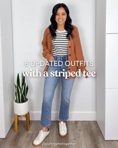 6 Updated Outfits With a Striped Tee | Putting Me Together, Audrey Tom  Do your striped tees need a little refresh? A striped tee is a wardrobe essential and a classic addition to a  capsule wardrobe. The outfits I highlight in my blog are tried-and-true formulas that you can use again and again, but with modern silhouettes to give them a more updated look.  Tap to shop all six outfits! #widelegpants #styleclub #over40fashion #whattowearnow #springstyle2024 #momstylelife #capsulewardrobe Striped Shirt And Jeans Outfit Women, Layering Striped Shirt Outfit, Outfit Ideas With Striped Shirt, Put Together Mom Outfits, Tshirt And Jeans Outfit Casual, Striped Shirt Outfit Fall, Mom Summer Outfits Casual, Spring Teacher Outfits 2024, Spring Capsule Wardrobe 2024