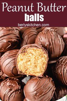 chocolate covered peanut butter balls stacked on top of each other with the title above it