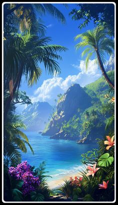 an image of a tropical scene with flowers and palm trees on the water's edge