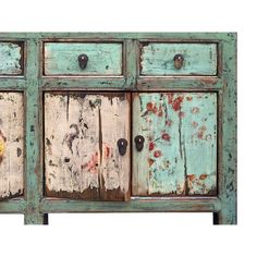 an old blue and white painted cabinet with knobs on the doors is shown against a white background