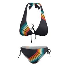 Retro Bikini, Halter Bikini Set, 70s style Bikini, Stripe bikini, Black Bikini, Rainbow Bikini, Vintage Style Bikini Set, Retro Swimsuit, Hippie style swimsuit Designed in California, Handmade to order from overseas. Here's a fun retro 70s style woman's halter bikini set I designed that embraces the essence of retro style of the 70s. This vintage-inspired bikini set is a perfect choice for those seeking a unique and eye-catching swimwear option. Designed with a halter neckline, it exudes an eleg Vintage Halter Neck Swimwear For Beach, Retro Fitted Swimwear For Beach, Fitted Retro Swimwear For Beach, Multicolor Retro Swimwear For Beach Party, Retro Multicolor Swimwear For Beach Party, Retro Halter Neck Swimwear For Pool, Retro Swimwear For Beach Season Swimming, Retro Halter Neck Swimwear For The Beach, Retro Multicolor Swimwear For Sunbathing