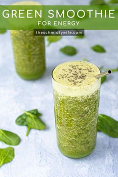 green smoothie for energy with spinach leaves on the side