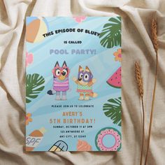 this is an image of a pool party birthday card with cartoon characters on the front