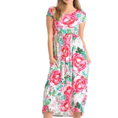 White/Pink Floral Mid Calf Short Sleeve Dress With Pockets Dl-90130 Color: White/Pink Floral 95% Rayon, 5% Spandex Hand Wash, Hang Dry Made In Usa Small 0-4 Medium 6-8 Large 10-12 X-L 12-14 Measurements (Flat Down) Sleeve: S:6 M:7 L:8 Xl:9 Waist: S:13 M:13.5 L:14 Xl:14.5 Bust S:15.5 M:16 L:16.5 Xl:17 Length: S:49 M:50 L:51 Xl:52 Casual Rose Print Beach Dress, Casual Fitted Maxi Dress With Rose Print, Casual Spring Dress With Rose Print, Casual Fitted Pink Maxi Dress, Pink Short Sleeve Dress With Rose Print, Pink Rose Print Dress With Short Sleeves, Pink Rose Print Short Sleeve Dress, Pink Floral Print Casual Maxi Dress, Casual Pink Floral Print Maxi Dress