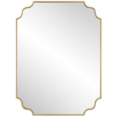 a large gold framed mirror with an ornate frame on the top and bottom edge, against a white background