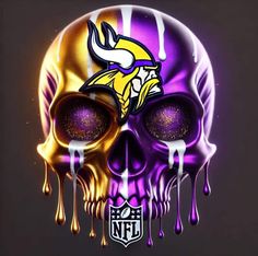 a purple and yellow skull with the minnesota football logo on it's face, dripping paint