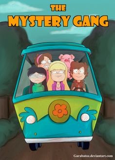 the mystery gang poster with cartoon characters riding in a bus