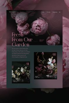 the website design for fresh from our garden is displayed with pink peonies and other flowers