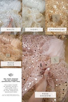 the different types of sequins are shown on this page, including gold and white