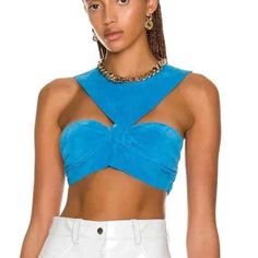 Laquan Smith Suede Cut Out Twist Crop Top Minor Flaw Small Faint Blemish (See Pic 5 And 6) New With Tag Brand Tag Size M / Us 6-8; Bust 36-38 Details: Exposed Back Zipper Closure / Front Cut-Out Detail / Knot Twist Detail At Bust / Smooth Suede Fabric Style No. Lss22t-009 Fabric: Self: 100% Calf Leather Lining: 95% Silk, 5% Spandex Color Aqua See Blue Cropped Evening Top, Blue Cropped Top For Evening, Twist Crop Top, Mock Neck Crop Top, Leather Bustier, Halter Neck Swimsuit, Laquan Smith, Red Corset, Color Aqua