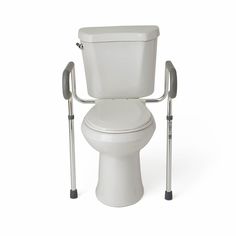 a white toilet with two arms attached to the seat and handlebars on both sides