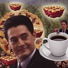 a man in a suit and tie holding a cup of coffee with cranberries on it