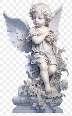 an angel statue with white wings and flowers on it's body, against a transparent background