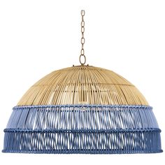 a blue and white light hanging from a ceiling fixture with chains attached to the bottom