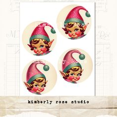 three stickers with an elf's face on them, and the words knibely rose studio