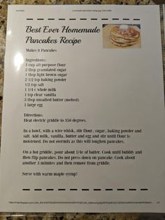 the recipe for best ever homemade pancakes is displayed on top of a counter with instructions to make it