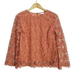 Adiva Orange / Salmon Crochet Laced Blouse Top Romantic Style Sz Small. New Without Tags, Pretty, Romantic Blouse In Muted Orange / Salmon Color. 100% Polyester, Lined Body And Bell Sleeves. Measurements Provided In The Last Photo. Style: Bohemian Romantic Party Date Special Occasion Outing Tea Night Out Cottagecore Fall Feminine Tops With Lace Work, Feminine Long Sleeve Crochet Lace Blouse, Feminine Lace Work Tops For Fall, Spring Lace Top With Lace Work For Brunch, Lace Crochet Blouse For Brunch, Lace Tops For Fall Brunch, Fall Lace Tops For Brunch, Spring Crochet Lace Blouse For Brunch, Lace Blouse With Crochet Detail For Brunch