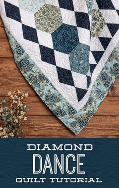 the diamond dance quilt pattern is shown on top of a wooden table with text overlay