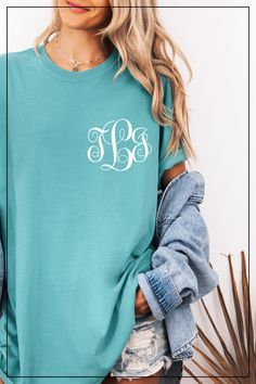 "Add a touch of personalized style to your wardrobe with this elegant monogram tee. Perfect for casual days out or layering up with your favorite jacket. Make it uniquely yours or gift it to someone special! 🌿💎 #MonogramTee #PersonalizedFashion #ChicStyle #CustomApparel #TrendyTops #GiftIdeas #FashionEssentials" Casual Cotton Monogram T-shirt, White Monogram Crew Neck T-shirt, White Monogrammed Short Sleeve Top, White Monogram T-shirt With Crew Neck, White Monogram Short Sleeve Top, Blue Monogram Cotton Tops, Short Sleeve Cotton Monogram Top, Short Sleeve Cotton Tops With Monogram, Short Sleeve Cotton Top With Monogram