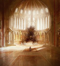 a large iron throne in the middle of a room with many windows and arches on it