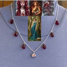 a woman wearing a necklace with four different pictures on it