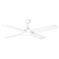 a white ceiling fan with two blades on the top and one light on the bottom