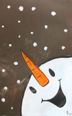 a drawing of a snowman with a carrot on his head, and stars in the background