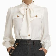 Beautiful - Nwt Zimmermann Blouse. Gold Buttons On Front And On Sleeves. Tie Can Be Removed. 100% Silk Designer White Button-up Blouse, Luxury White Workwear Blouse, Luxury White Blouse For Work, White Silk Blouse For Office, Designer White Blouse For Work, Luxury White Office Tops, Designer Collared Office Blouse, Luxury Office Tops With Buttons, Luxury Buttoned Office Tops