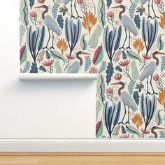 a wallpaper with birds and plants on it