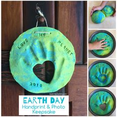 an earth day handprint and photo keepsakes on the door for everyone to see