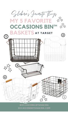 three baskets with the words my 5 favorite occasions bins at target, and an image of