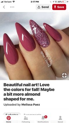 I like the color Pink And Glitter, Long Almond Nails, Long Almond, Nails Only, Thanksgiving Nails, Raspberry Pink, Hot Nails, Elegant Nails, Fall Nail