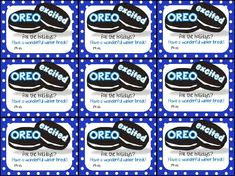 six blue and white labels with the word oreo on them