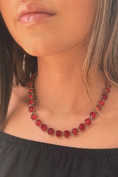 - Crystal Statement Necklace - Round Stones - Red - Gold Tone - Collar Fit - L: 16" + 3" Extender - Lobster Clasp - Hypoallergenic - Metal Based Luxury Red Necklaces With Gold Beads, Crystal Statement Necklace, Metal Base, Red Gold, Lobster Clasp, Statement Necklace, Chain Necklace, Gold Tones, Boutique