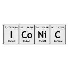 the element name and symbol for i co - nic is shown in black on a white background