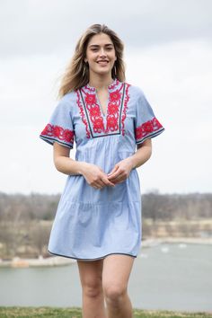 Crafted in an airy cotton with a notched V neckline and delicate contrast embroidery, this easy dress is equal parts classic and fresh. Pair with simple white sneakers and a crossbody for a casual warm-weather day, or with sandals and sunnies for your next getaway! Timeless and modern, it’s a must-have as you refresh your wardrobe. 100% cotton dress. Gently a-lines below the waist and features gentle tiers. On seam pockets. Flattering V neckline with embroidered collar. Lined. Embroidery through Contrast Embroidery, Easy Dress, Embroidered Collars, Weather Day, Simple White, White Sneakers, Cotton Dress, Simple Dresses, Tuscany