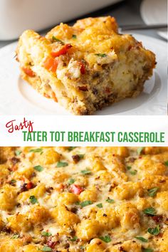 two different views of tasty tater tot breakfast casserole on a plate