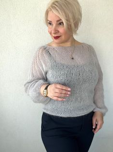 Grey Knitted Mohair Sweater, Puff Sleeve Sweater, Women's Loose Jumper, Bridal Bride Sweater, Cozy Mohair Women's Sweater, Plus Size Sweater - Etsy Finland Casual Knitted Sweater With Puff Sleeves, Casual Long Sleeve Mohair Tops, Knitted Long Sleeve Mohair Top, Knitted Mohair Tops, Bride Sweater, Loose Jumper, Sweater Plus Size, Plus Size Sweater, Sweater Plus